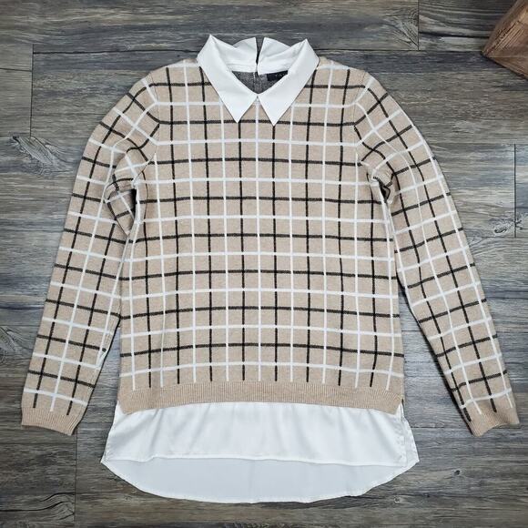 Tahari Women’s Long Sleeve Plaid Layered Tan Sweater Size Medium Preppy - Picture 7 of 10